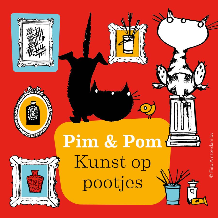 Een plaatje van Pim en Pom met de tekst: Pim en Pom kunst op pootjes. Er staan verschillende schilderijtjes op de afbeelding met een rode achtergrond.