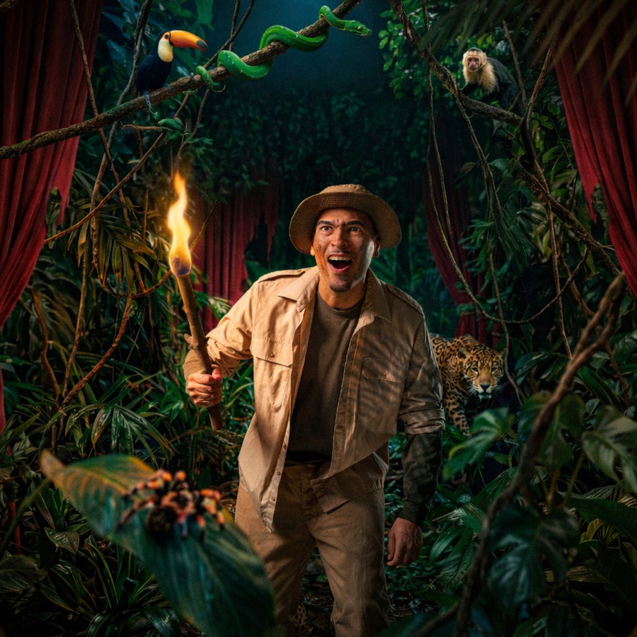 Man in survival outfit met een fakkel in zijn hand loopt door een jungle achtig decor met theatergordijnen. 