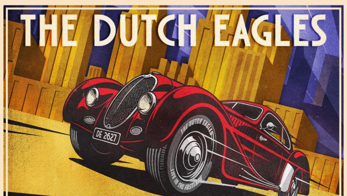 Een cartoon afbeelding van een rode auto die snel rijdt. Op de achtergrond is er een stad te zien dat geel is. De lucht is blauw met schaduwen van de gele gebouwen. Boven en onder de auto staat de tekst: The Dutch Eagles. Life in the Fastlane