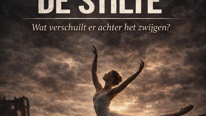 Een ballerina danst terwijl de omgeving om haar heen donker is. Donkere wolken hangen boven haar terwijl een klein beetje licht erdoorheen komt.