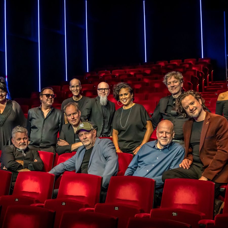 Twaalf mensen zitten in een theaterzaal op stoelen. De achterste staan en de voorste zitten en ze kijken lachend naar de camera.