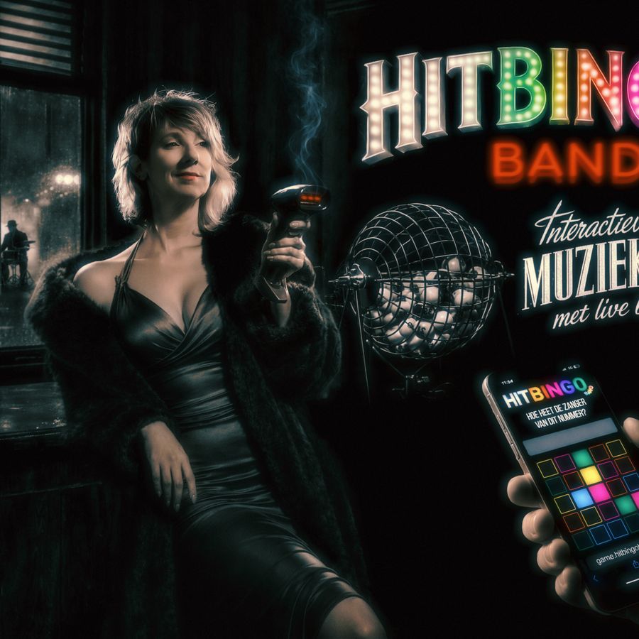 Een vrouw in een zwarte jurk en mantel die een scanner in haar handen heeft waar rook vanaf komt. Achter haar staat een raam waardoor je een band in de regen ziet staan. Rechts van het beeld is er een hand met een telefoon waarop Hitbingo staat. Bovenin staat de tekst: Hitbingo band, interactieve muziekquiz met live band.