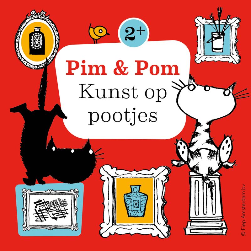 Een plaatje van Pim en Pom met de tekst: Pim en Pom kunst op pootjes. Er staan verschillende schilderijtjes op de afbeelding met een rode achtergrond.