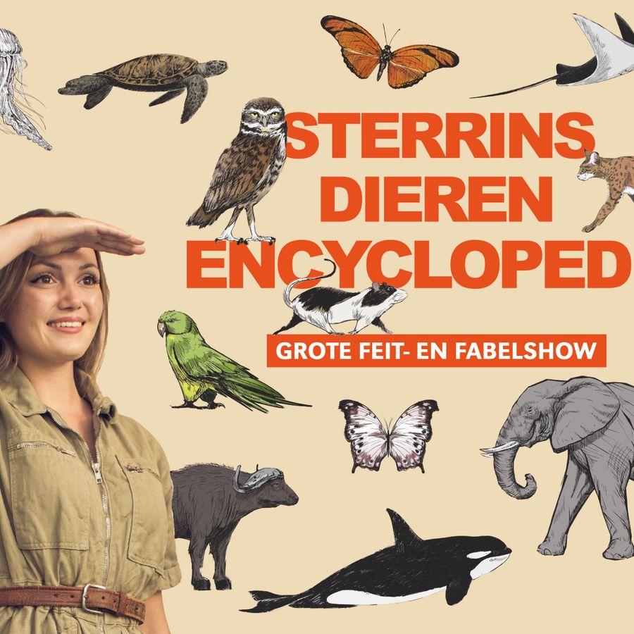 Een vrouw houdt haar hand boven haar ogen en kijkt in de verte. Op de achtergrond zijn allerlei verschillende dieren te zien en er staat de tekst: sterrins dieren exyclopedie.