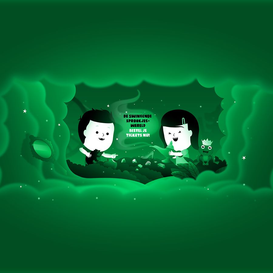 Groen promobeeld van LouLou en Lou  in cartoonstyle met daarin de tekt De Swingende Sprookjeswereld, bestel je tickets nu. 