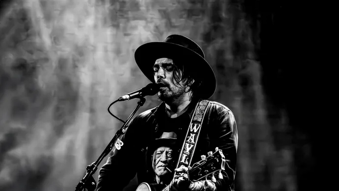 Waylon staat met een gitaar in zijn handen te zingen in een microfoon. Het is een zwartwit foto met op de achtergrond een grijze waas. Hij heeft een hoed op en heeft zijn ogen gesloten.