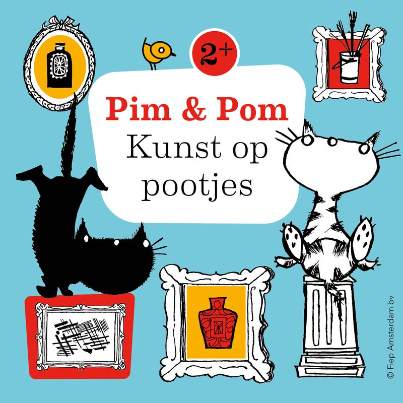 Een plaatje van Pim en Pom met de tekst: Pim en Pom kunst op pootjes. Er staan verschillende schilderijtjes op de afbeelding met een blauwe achtergrond.