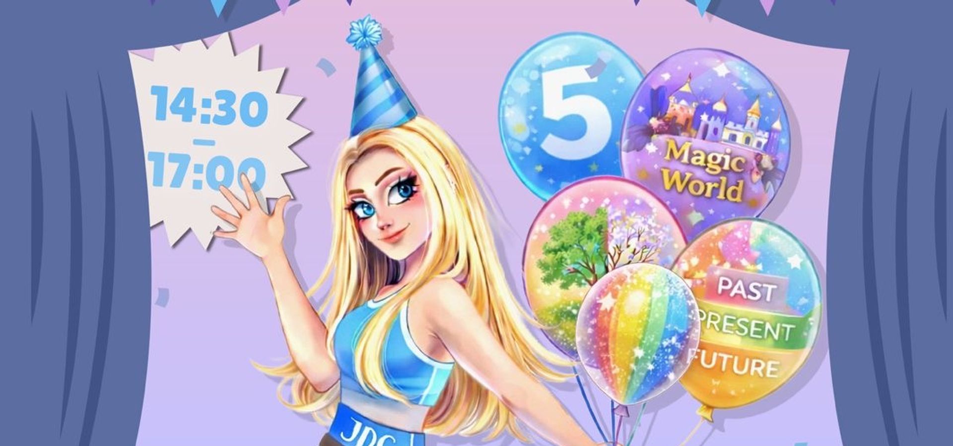 Een cartoon van een meisje met blond haar in een dans outfit. Ze houdt ballonnen vast met magic world erop en past, present, future. Verder staat er op de tekening de tijd: 14.30 tot 17.00 uur en Zaterdag 30 mei.